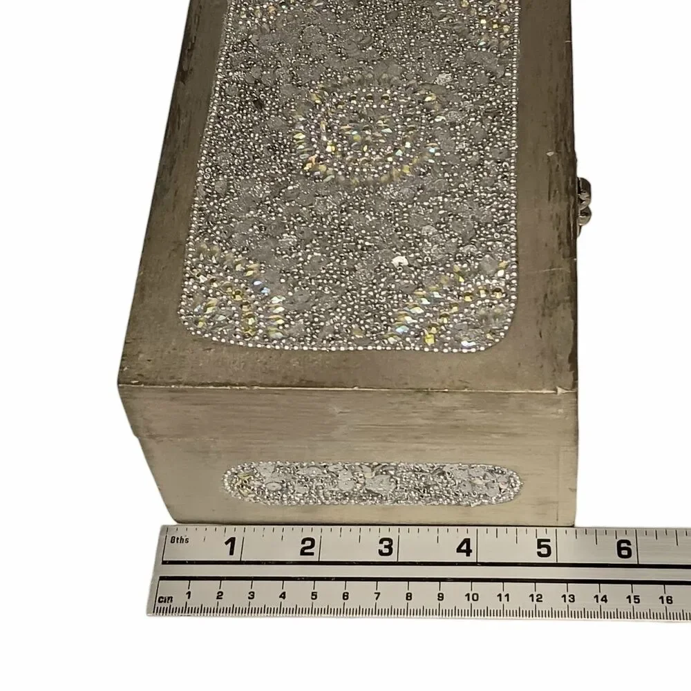 Sparkly Jewlery Box Silver With Sequins & Rhinestones Lightweight Wood 7 x 5 x 3